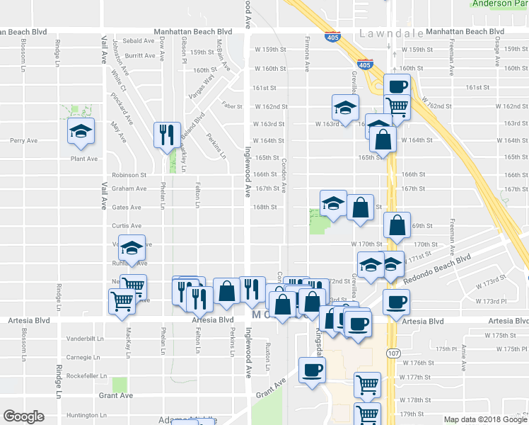 map of restaurants, bars, coffee shops, grocery stores, and more near 4734 W 168th St in Lawndale