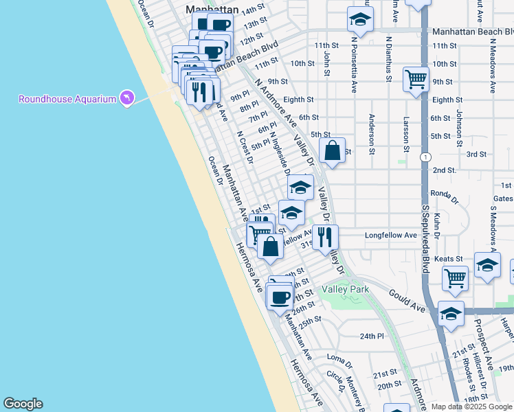 map of restaurants, bars, coffee shops, grocery stores, and more near 105 Highland Avenue in Manhattan Beach