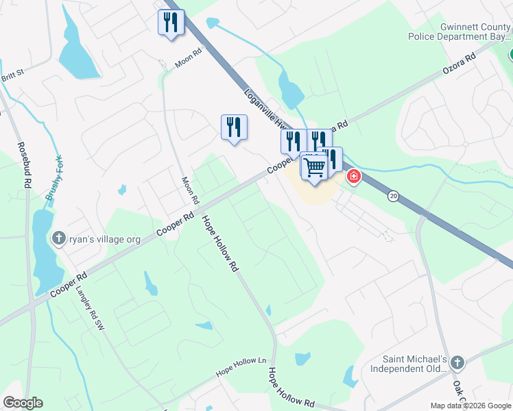 map of restaurants, bars, coffee shops, grocery stores, and more near 324 Cooper Road in Loganville