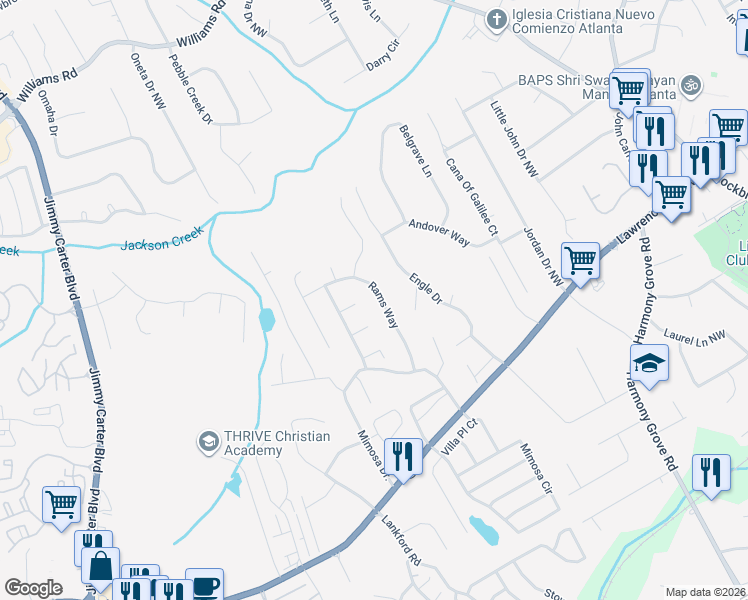map of restaurants, bars, coffee shops, grocery stores, and more near 470 Rams Way in Tucker