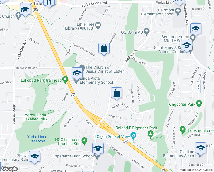 map of restaurants, bars, coffee shops, grocery stores, and more near 19022 Shamrock Lane in Yorba Linda