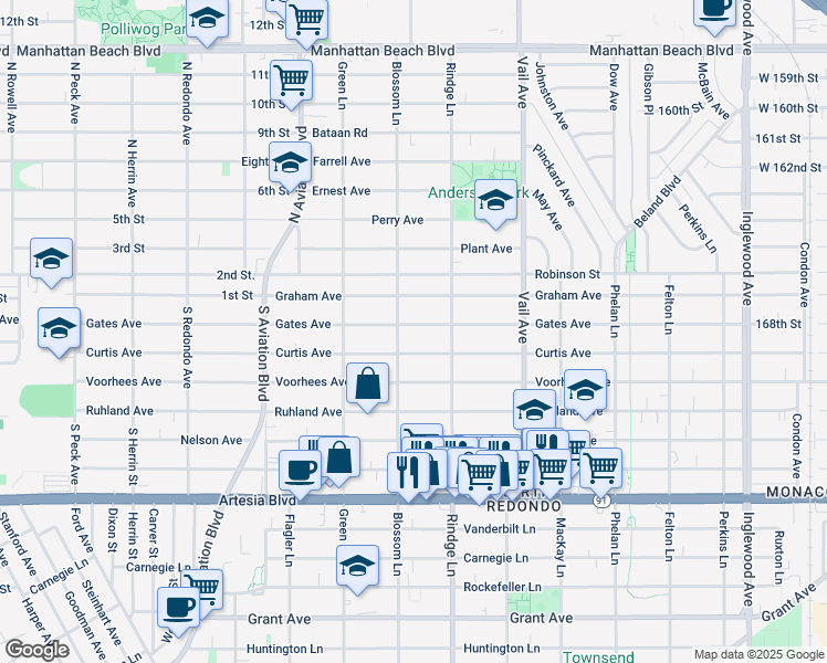map of restaurants, bars, coffee shops, grocery stores, and more near 2106 Gates Avenue in Redondo Beach