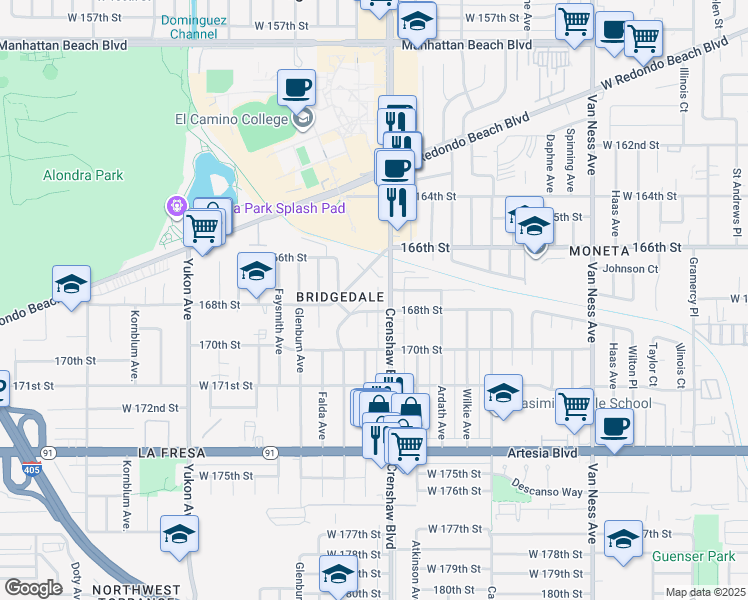 map of restaurants, bars, coffee shops, grocery stores, and more near 16710 Elgar Avenue in Torrance