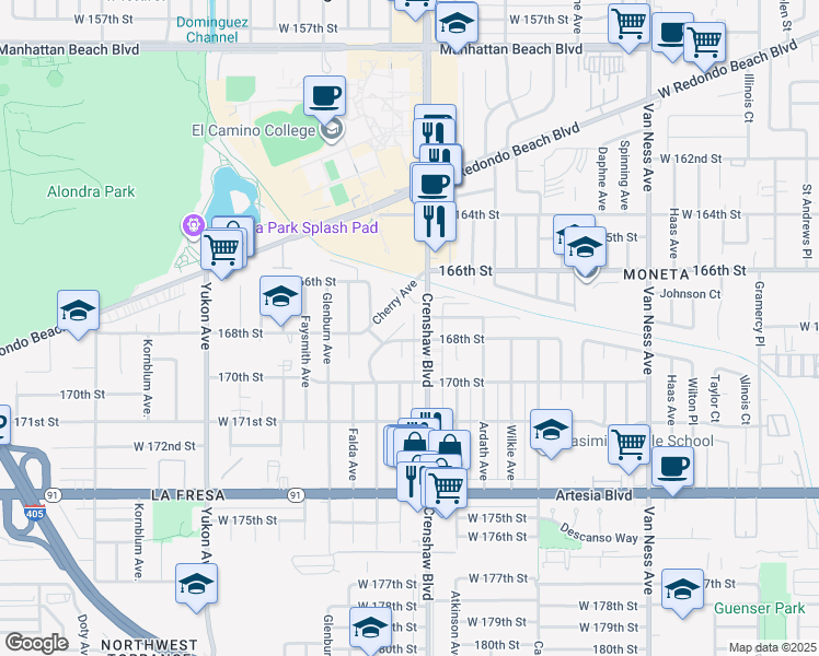 map of restaurants, bars, coffee shops, grocery stores, and more near 16710 Elgar Avenue in Torrance