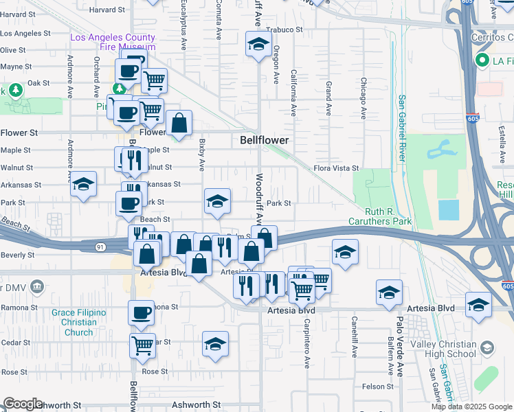 map of restaurants, bars, coffee shops, grocery stores, and more near 17105 Woodruff Avenue in Bellflower