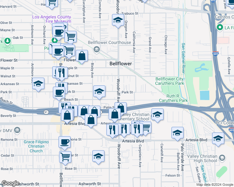 map of restaurants, bars, coffee shops, grocery stores, and more near 17105 Woodruff Avenue in Bellflower