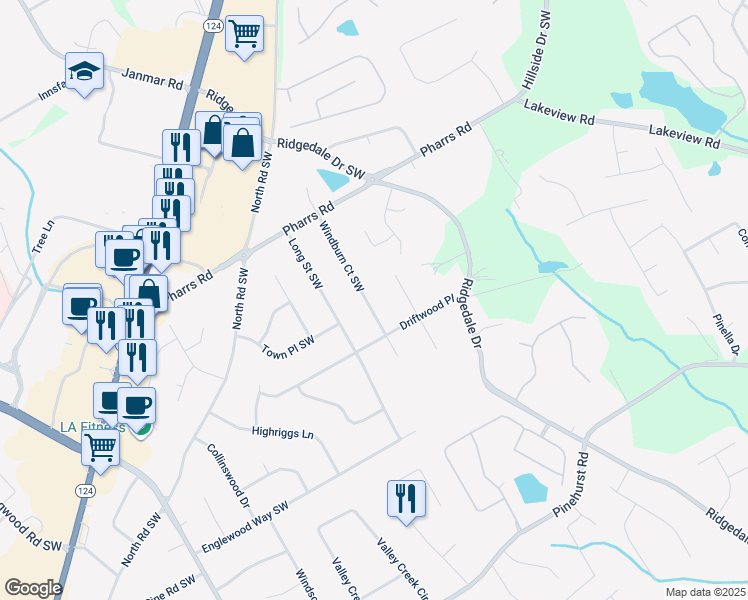 map of restaurants, bars, coffee shops, grocery stores, and more near 1924 Windburn Court Southwest in Snellville