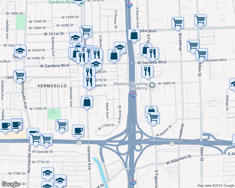 map of restaurants, bars, coffee shops, grocery stores, and more near 16801 South Hoover Street in Gardena