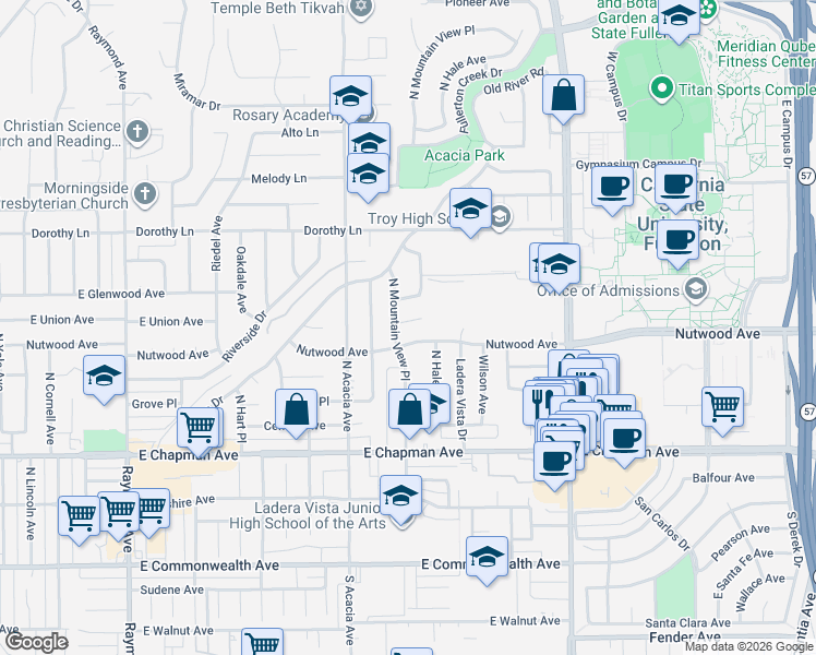 map of restaurants, bars, coffee shops, grocery stores, and more near 2018 East Glenwood Avenue in Fullerton
