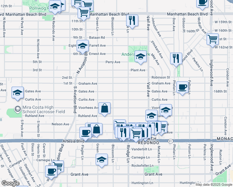 map of restaurants, bars, coffee shops, grocery stores, and more near 2104 Gates Avenue in Redondo Beach