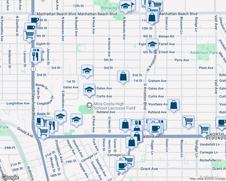 map of restaurants, bars, coffee shops, grocery stores, and more near 1612 Gates Avenue in Manhattan Beach