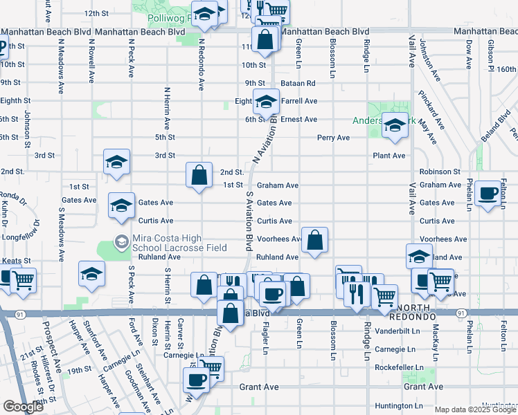 map of restaurants, bars, coffee shops, grocery stores, and more near 1902 Gates Avenue in Redondo Beach