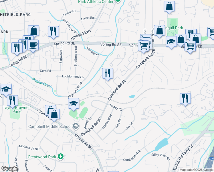 map of restaurants, bars, coffee shops, grocery stores, and more near 2201 Goodwood Boulevard Southeast in Smyrna