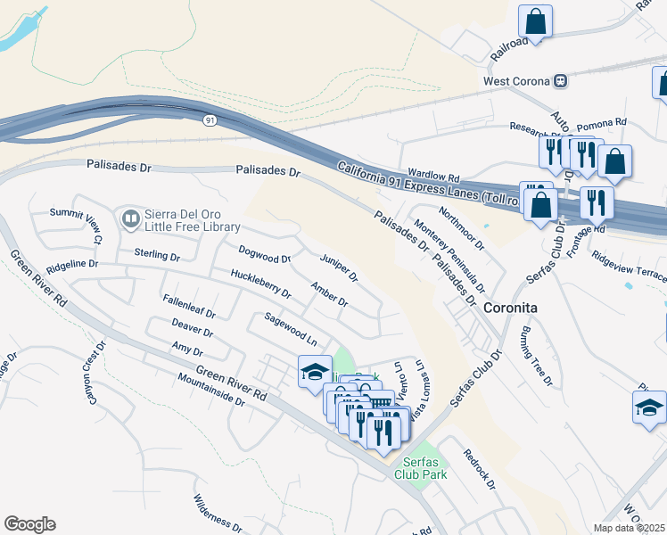 map of restaurants, bars, coffee shops, grocery stores, and more near 3000 Juniper Drive in Corona