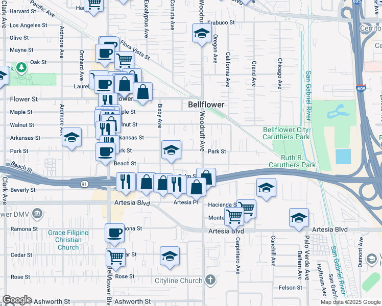 map of restaurants, bars, coffee shops, grocery stores, and more near 10122 Park Street in Bellflower