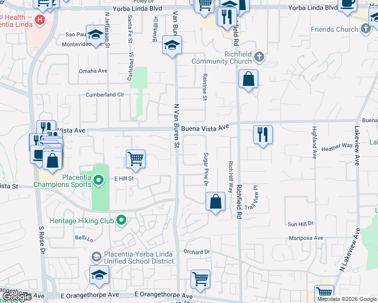 map of restaurants, bars, coffee shops, grocery stores, and more near 5515 Torrey Pine Place in Yorba Linda