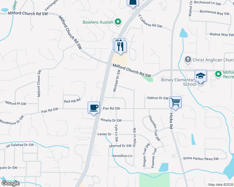 map of restaurants, bars, coffee shops, grocery stores, and more near 1115 Travis Street Southwest in Marietta