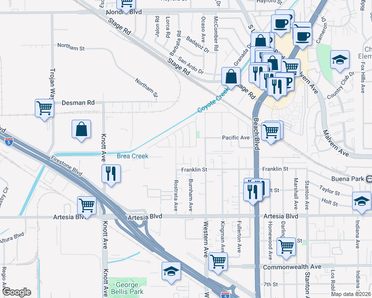 map of restaurants, bars, coffee shops, grocery stores, and more near 7400 Oxford Avenue in Buena Park