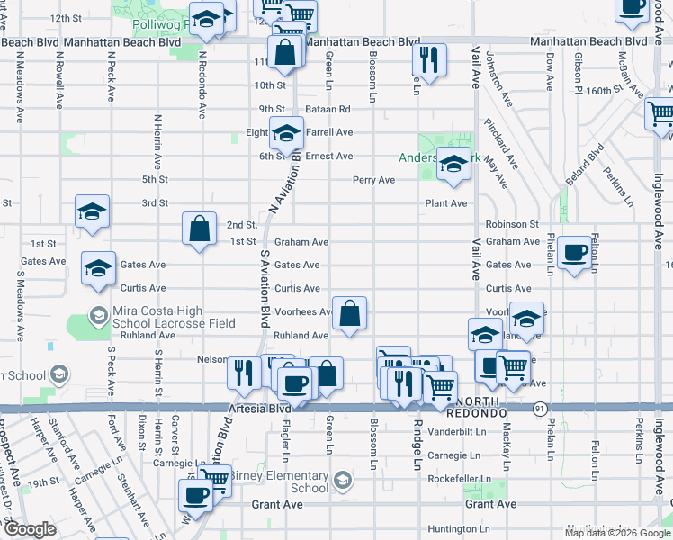 map of restaurants, bars, coffee shops, grocery stores, and more near 2002 Gates Avenue in Redondo Beach