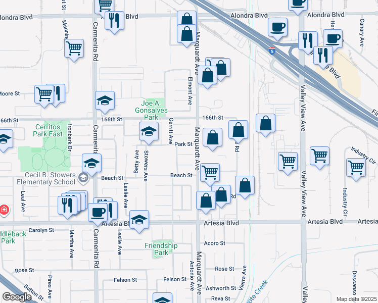 map of restaurants, bars, coffee shops, grocery stores, and more near 13741 Oak Crest Drive in Cerritos