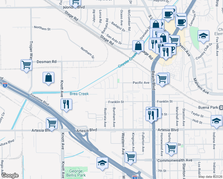 map of restaurants, bars, coffee shops, grocery stores, and more near 7400 Oxford Avenue in Buena Park
