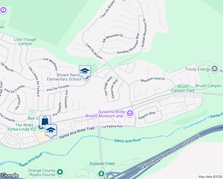map of restaurants, bars, coffee shops, grocery stores, and more near 5545 Delacroix Way in Yorba Linda