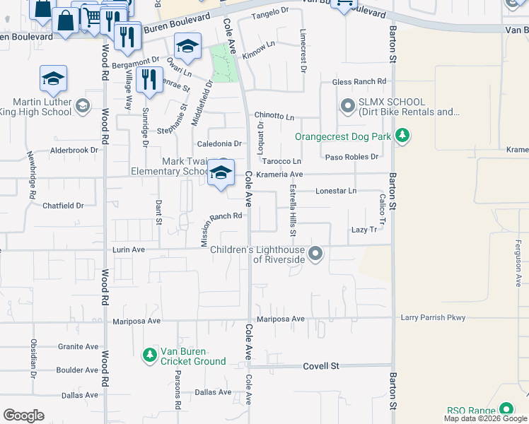 map of restaurants, bars, coffee shops, grocery stores, and more near 9514 Los Coches Court in Riverside