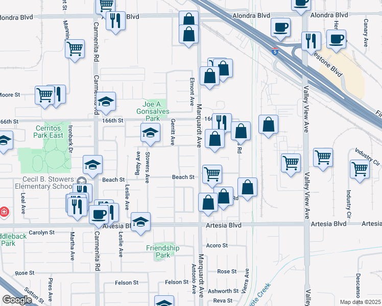 map of restaurants, bars, coffee shops, grocery stores, and more near 13741 Oak Crest Drive in Cerritos