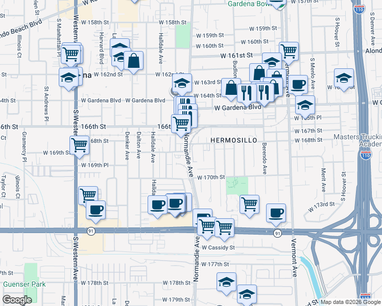 map of restaurants, bars, coffee shops, grocery stores, and more near 16819 Grace Lane in Gardena