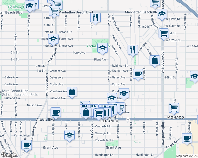 map of restaurants, bars, coffee shops, grocery stores, and more near 2212 Gates Avenue in Redondo Beach