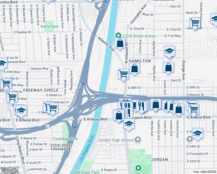 map of restaurants, bars, coffee shops, grocery stores, and more near Los Angeles River Bicycle Path in Long Beach