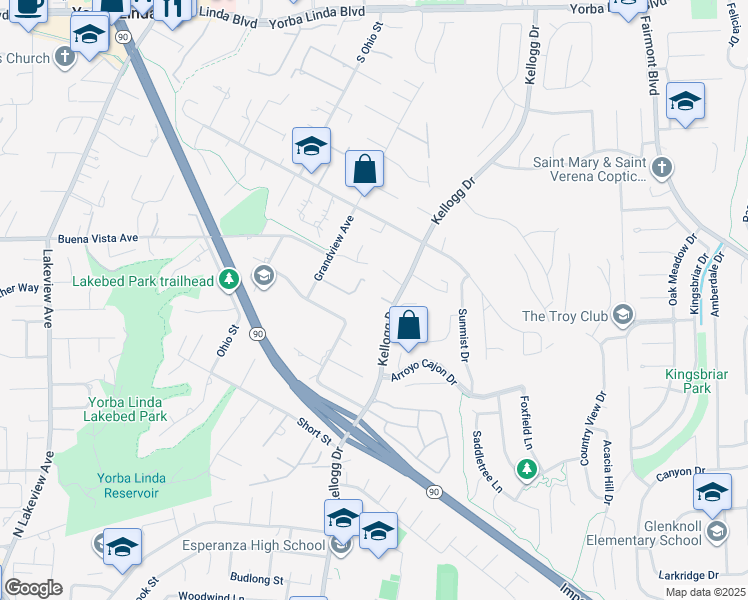 map of restaurants, bars, coffee shops, grocery stores, and more near 19022 Shamrock Lane in Yorba Linda