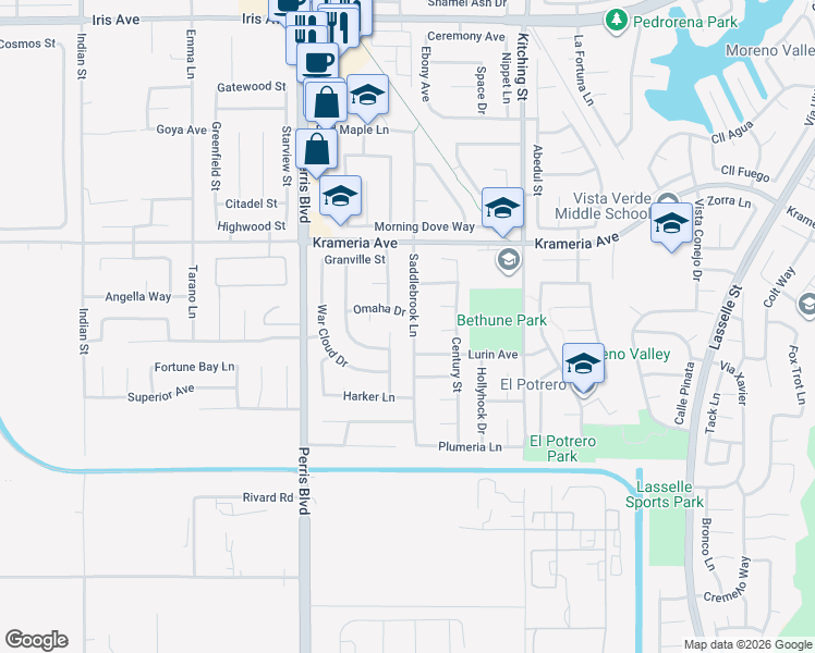 map of restaurants, bars, coffee shops, grocery stores, and more near 25246 Omaha Drive in Moreno Valley