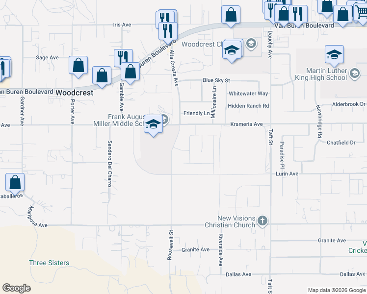 map of restaurants, bars, coffee shops, grocery stores, and more near 9444 Alta Cresta Avenue in Riverside