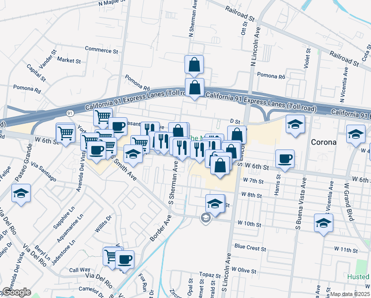 map of restaurants, bars, coffee shops, grocery stores, and more near 80 Summerwood Court in Corona