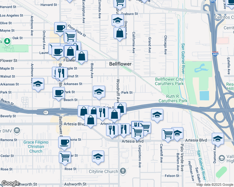 map of restaurants, bars, coffee shops, grocery stores, and more near 17043 Woodruff Avenue in Bellflower