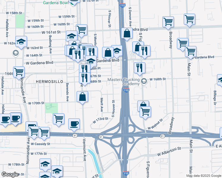 map of restaurants, bars, coffee shops, grocery stores, and more near 16801 South Hoover Street in Gardena