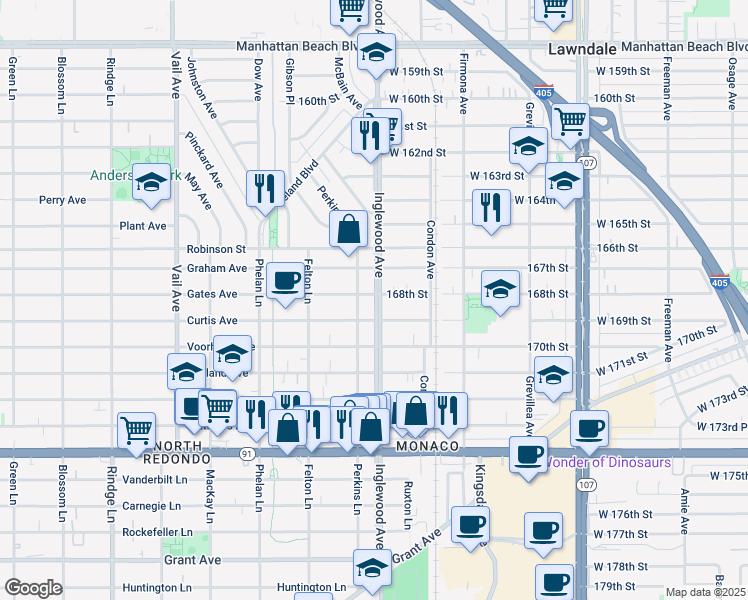 map of restaurants, bars, coffee shops, grocery stores, and more near 2606 Perkins Lane in Redondo Beach