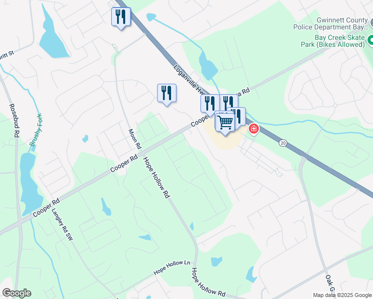 map of restaurants, bars, coffee shops, grocery stores, and more near 517 Hyde Ridge Trail in Loganville