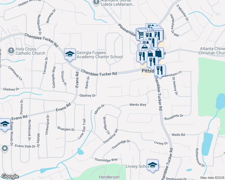 map of restaurants, bars, coffee shops, grocery stores, and more near 3073 Wembley Ridge in Doraville