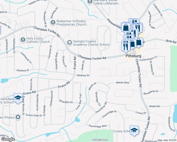 map of restaurants, bars, coffee shops, grocery stores, and more near 3060 Wanda Woods Drive in Atlanta