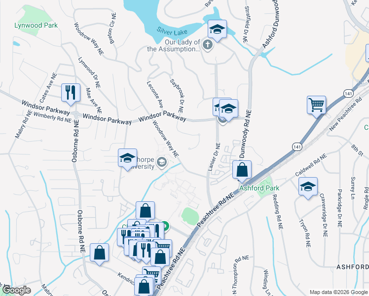 map of restaurants, bars, coffee shops, grocery stores, and more near 3087 Oglethorpe Way Northeast in Atlanta