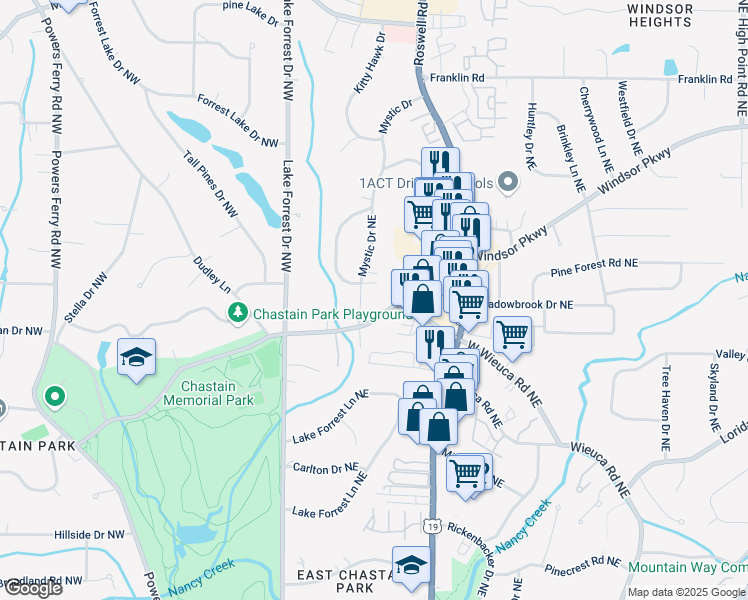 map of restaurants, bars, coffee shops, grocery stores, and more near 4555 Mystic Drive Northeast in Atlanta
