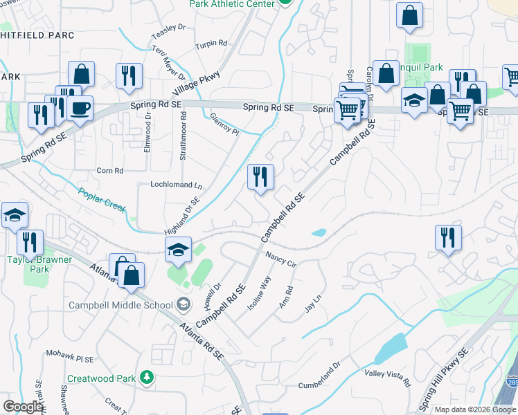 map of restaurants, bars, coffee shops, grocery stores, and more near 2201 Goodwood Boulevard Southeast in Smyrna