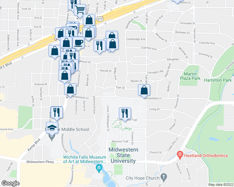 map of restaurants, bars, coffee shops, grocery stores, and more near 3309 Milby Avenue in Wichita Falls