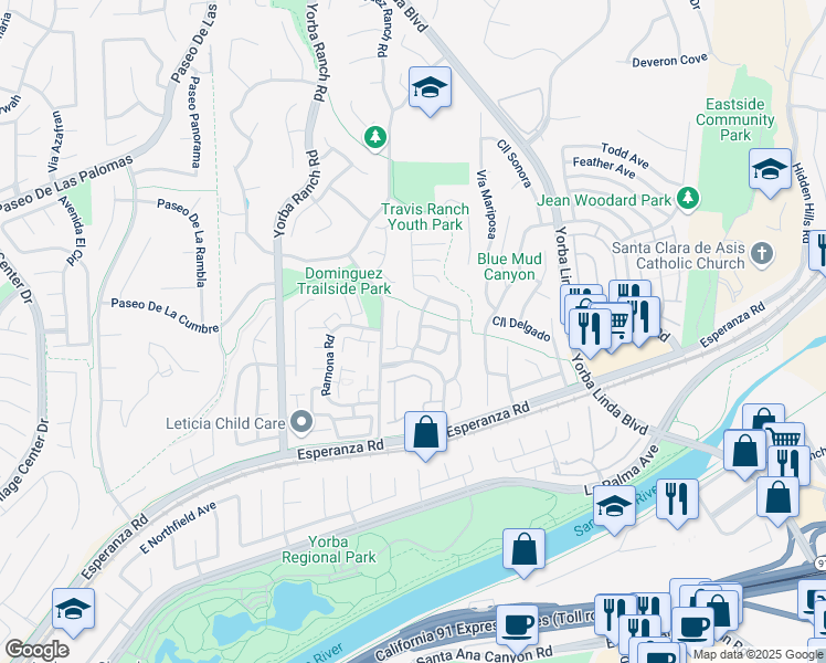 map of restaurants, bars, coffee shops, grocery stores, and more near 5705 Vía Del Conejo in Yorba Linda