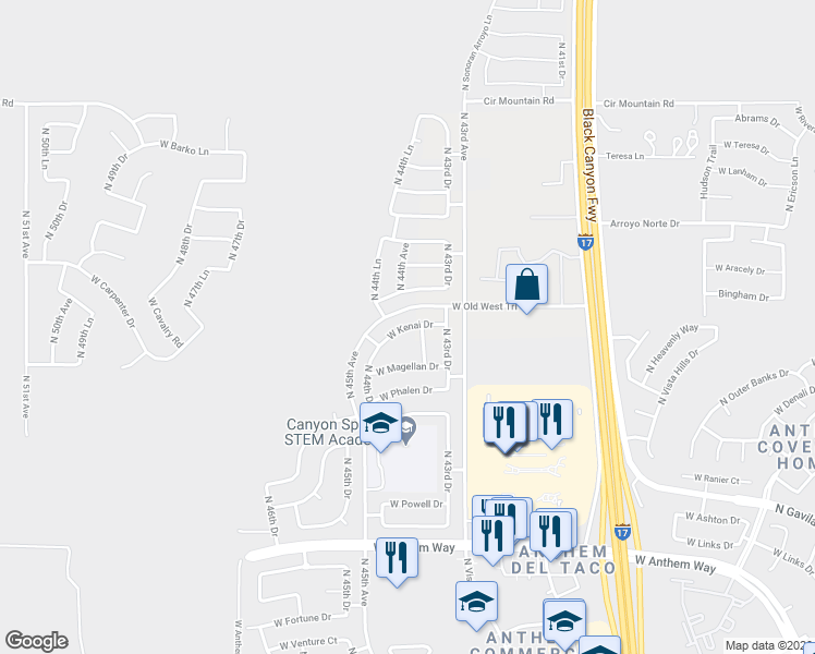 map of restaurants, bars, coffee shops, grocery stores, and more near 4407 West Kenai Drive in Phoenix