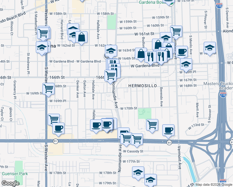 map of restaurants, bars, coffee shops, grocery stores, and more near 16819 Grace Lane in Gardena