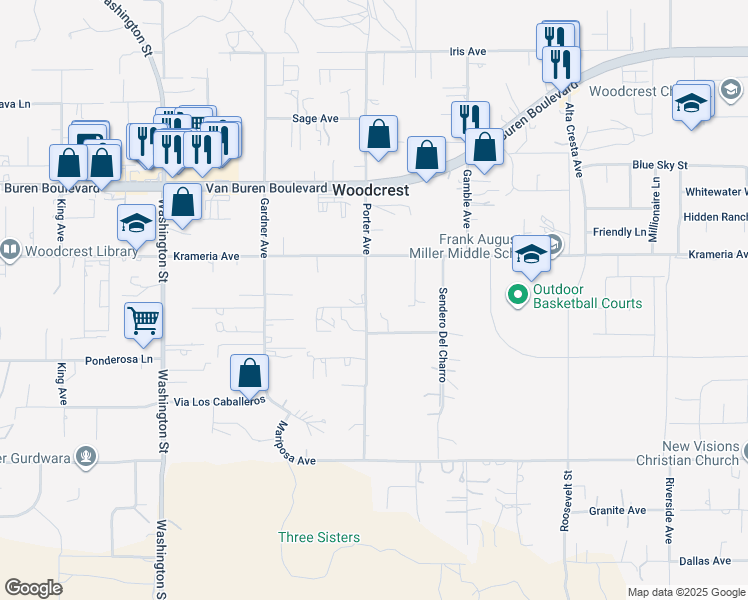 map of restaurants, bars, coffee shops, grocery stores, and more near 16600 Porter Avenue in Riverside