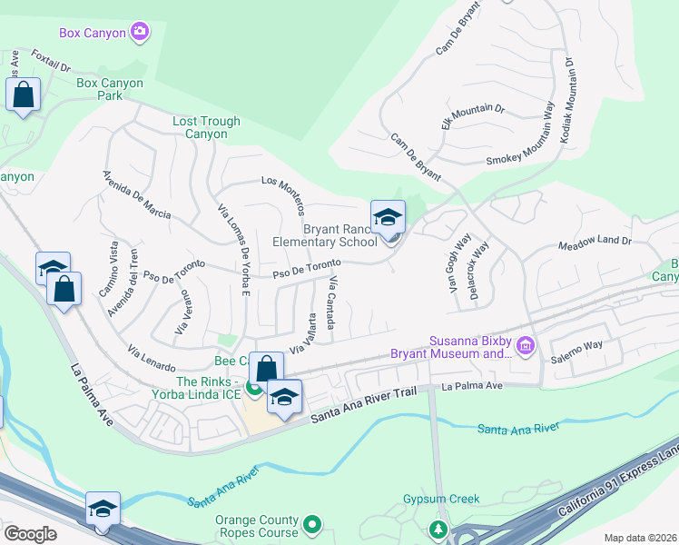 map of restaurants, bars, coffee shops, grocery stores, and more near 24670 Paseo De Toronto in Yorba Linda
